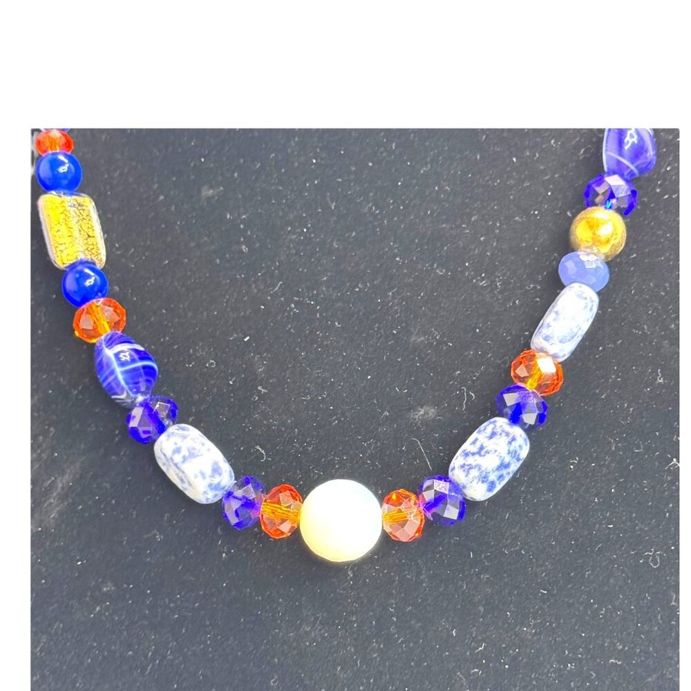 Vintage Murano Millefiori Beaded Art Glass Necklace Cobalt Blue Orange Bead Boho